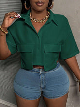 Slayr Casual Street Style White Polo Collar Pocket Hem Cropped Work Top Tee, Women Short Sleeve Shirt